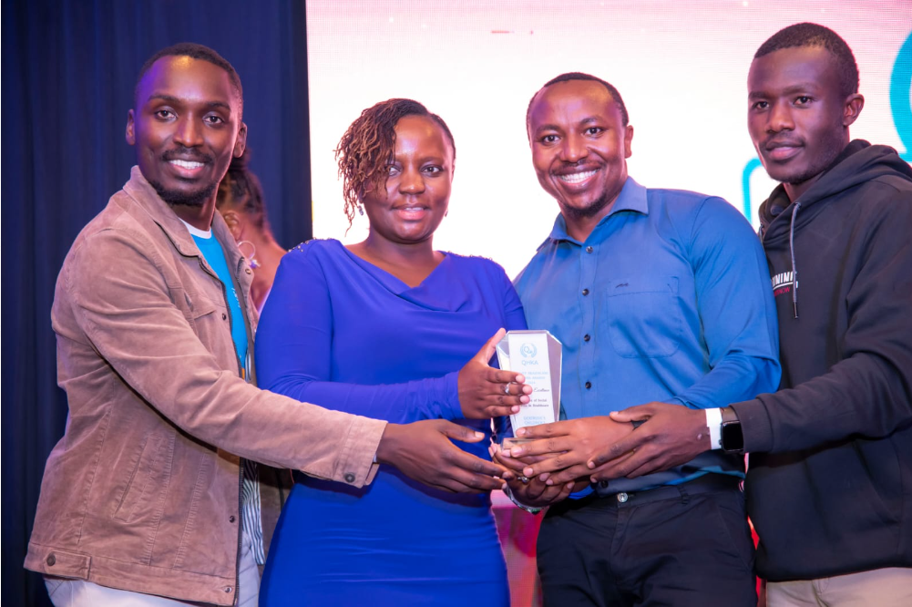 L-R Derek Obwaro ICT Support at Gertrude’s Children’s Hospital, Ms. Janice Njoroge, a Development Communications Specialist, Martin Mulwa, Digital Communication Lead at Gertrude’s and Martin Bramwell Okoth, ICT Support at Gertrude’s Hosptial during the 2024 Quality Healthcare Kenyan Awards. Gertrude's Children's Hospital won this year’s Best Use of Social Media in Healthcare recognition at the awards for their efforts to raise awareness about the safe storage and disposal of pharmaceutical waste.