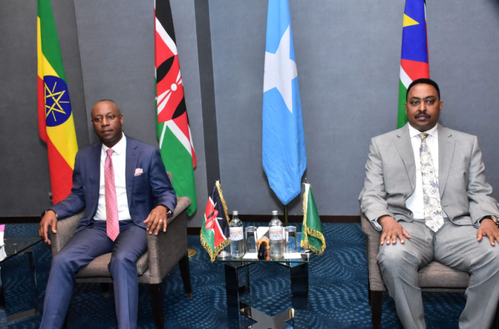 IGAD Secretary General Workneh Gebeyeh with Principal Secretary State Department of livestock Development Jonathan Mueke during IGAD ministerial meeting on trans boundary pest control management