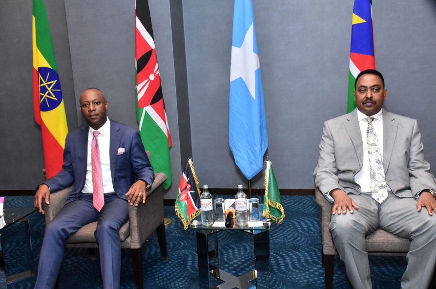 IGAD Secretary General Workneh Gebeyeh with Principal Secretary State Department of livestock Development Jonathan Mueke during IGAD ministerial meeting on trans boundary pest control management